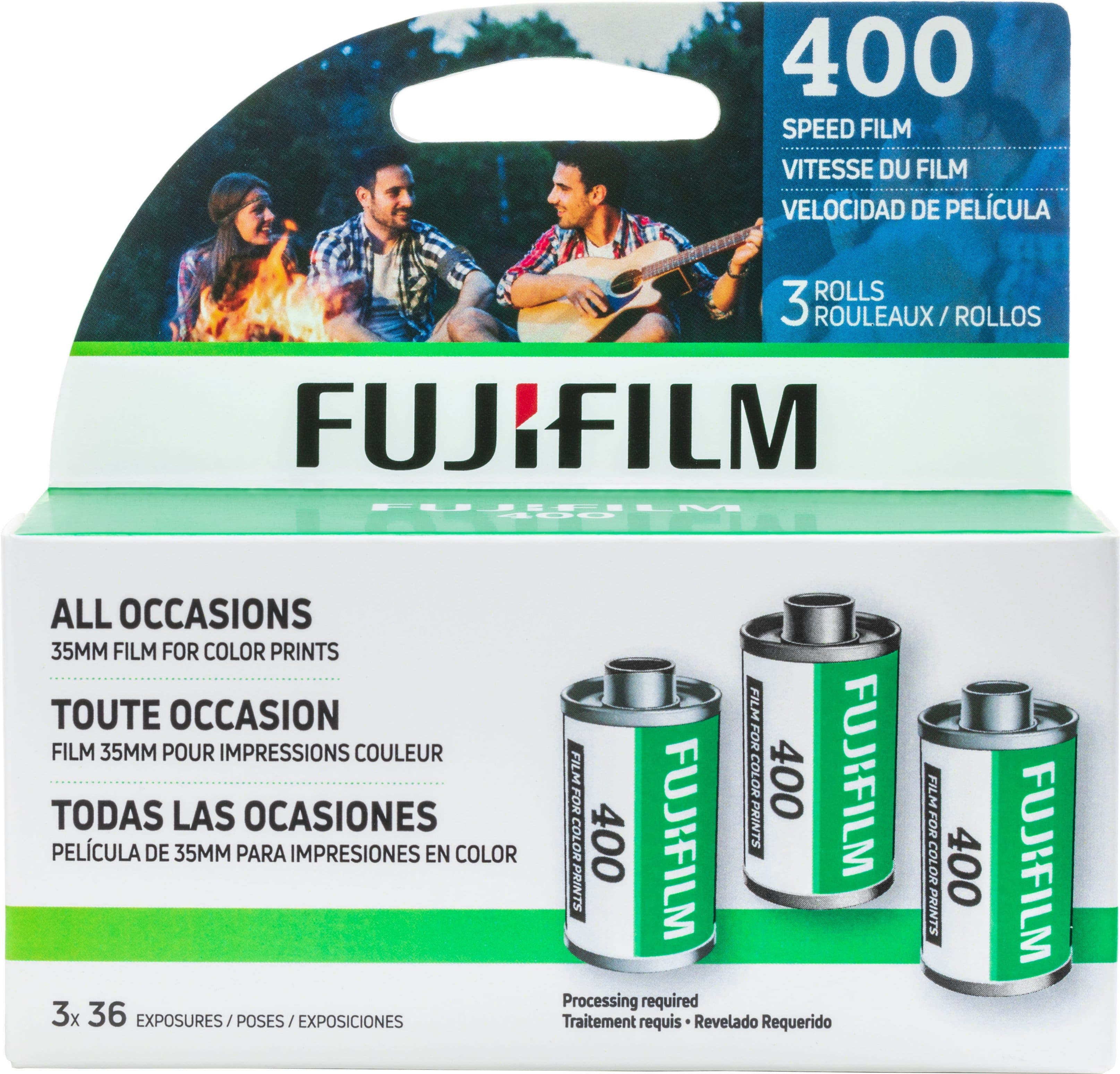 Fujifilm 400 film cartridge and sample photos showing vibrant colors