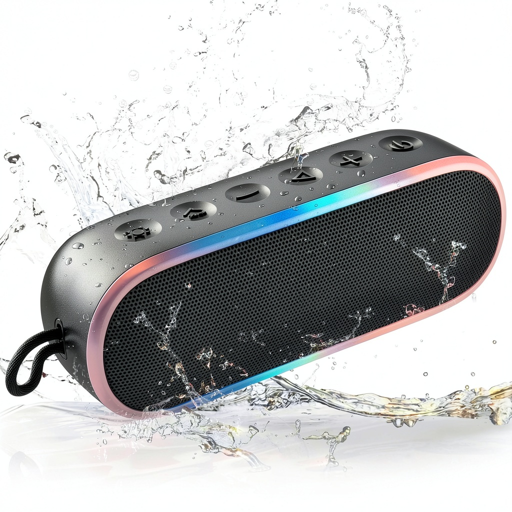 Pavo Bluetooth speaker secured to kayak with lanyard while floating on water