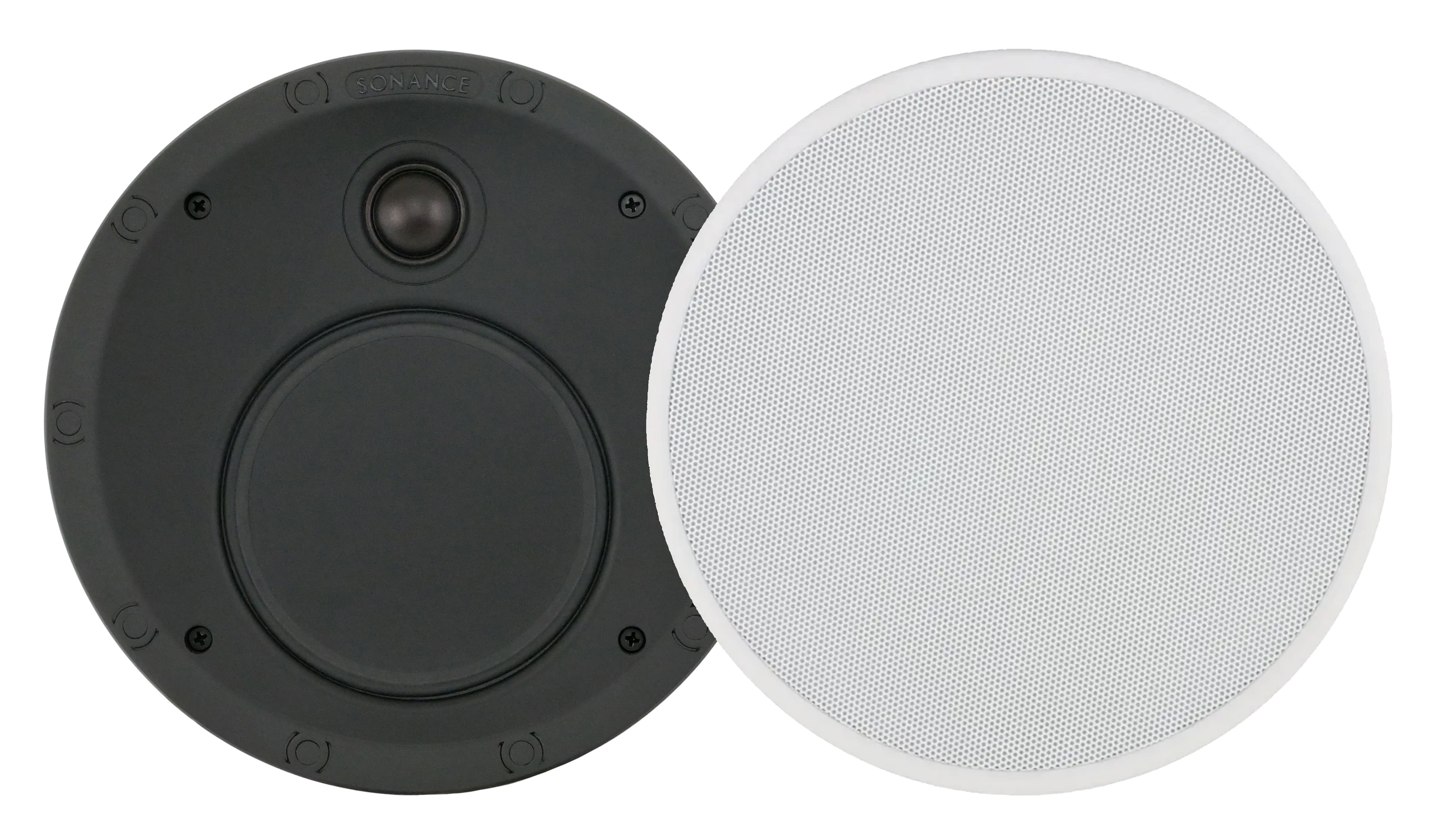 'Sonance Ultra Thin Line in-ceiling speaker installed in a modern living room'