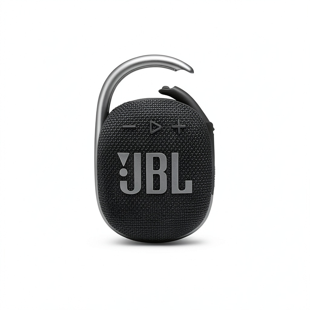 JBL Clip 4 Portable Waterproof Speaker with Carabiner attached to a hiking backpack on a forest trail