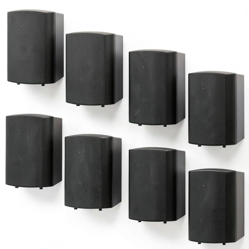 'Theater Solutions Goldwood TS425ODB speakers mounted on an outdoor wall'