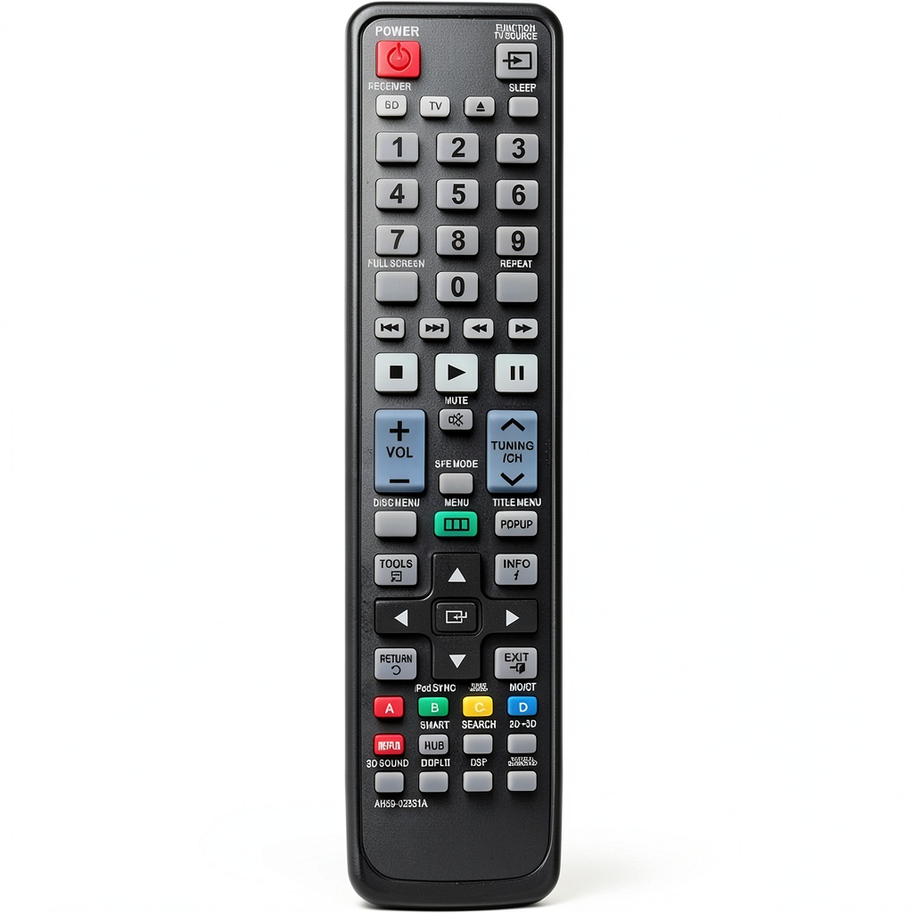 Samsung Blu-ray remote replacement shown with home theater system