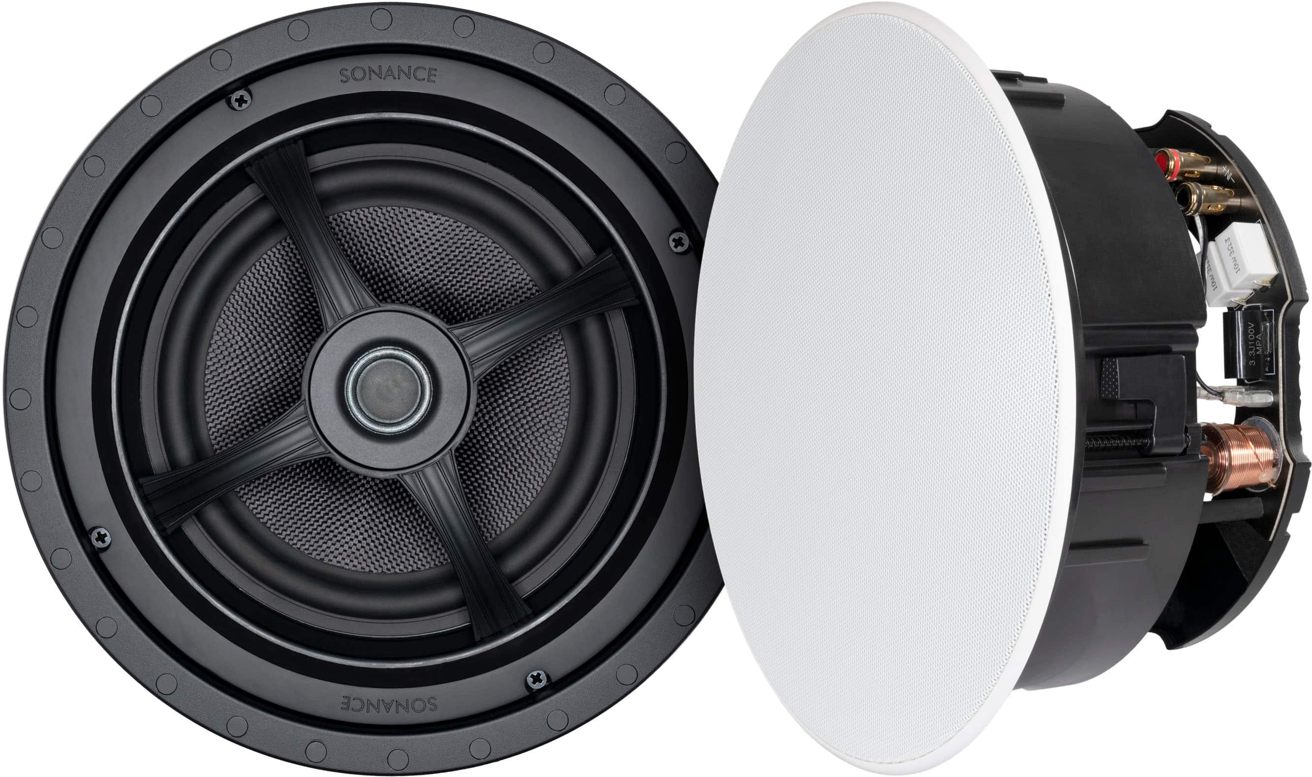 Sonance MAG8R in-ceiling speaker installed in a white ceiling