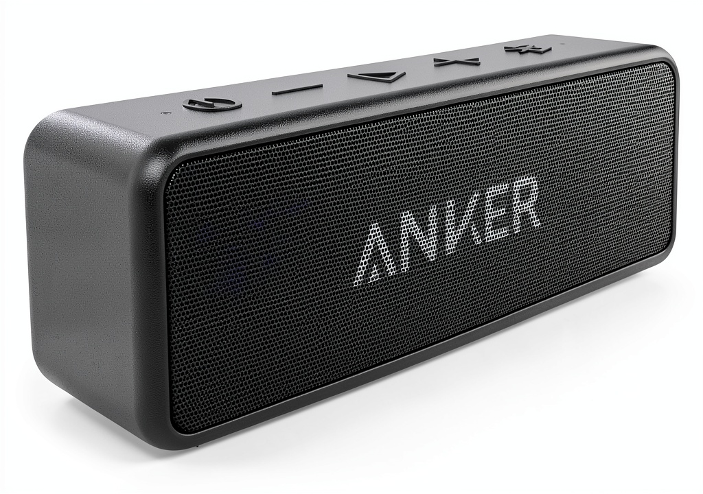 Anker Soundcore 2 Bluetooth speaker on a picnic table beside a cooler, showing its waterproof rating and compact size