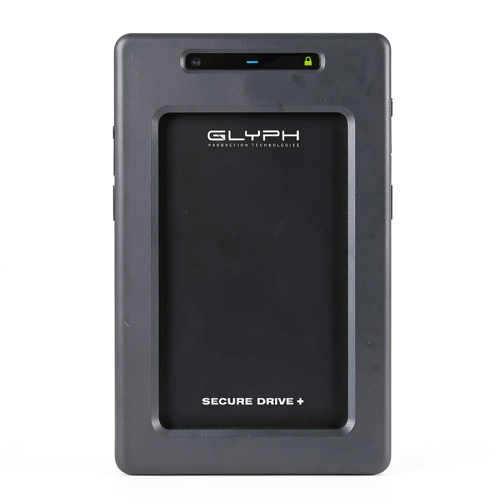 Glyph SecureDrive Plus connected to a laptop showing secure access interface