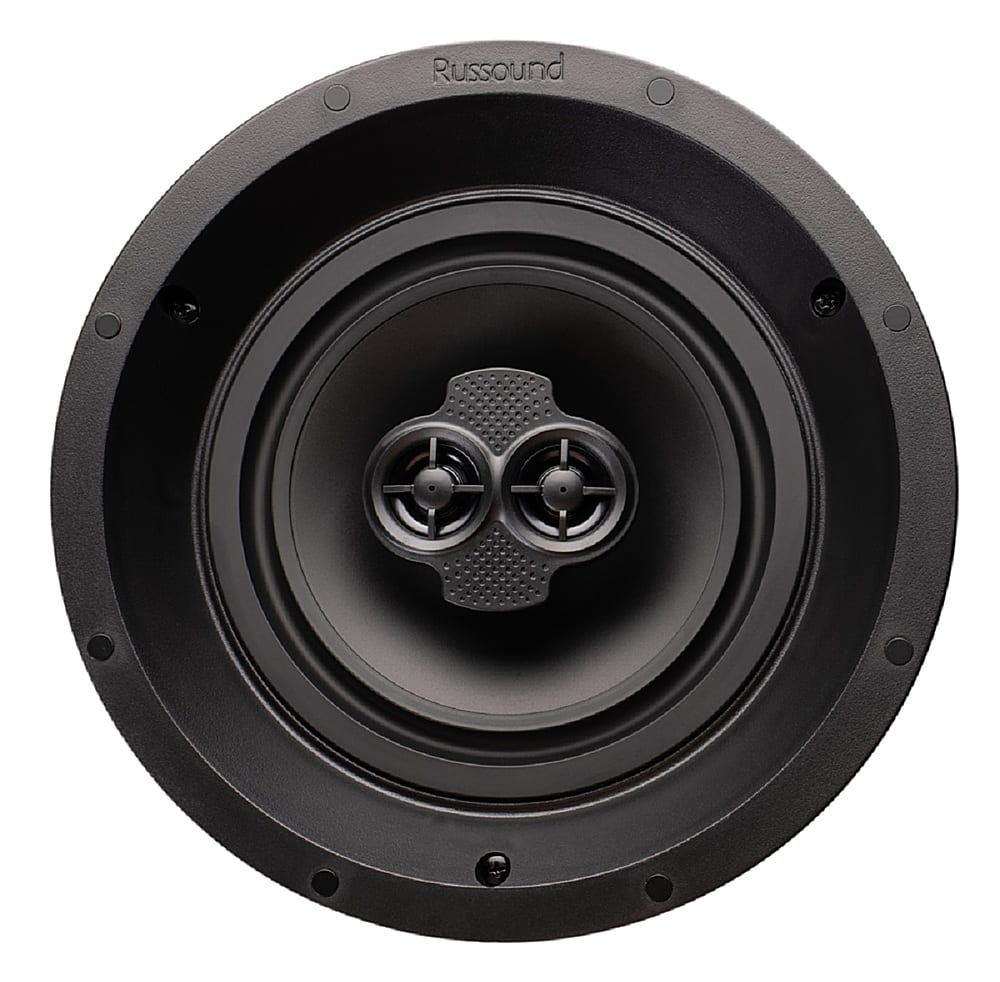 'Russound in-ceiling speaker installed in a modern living room ceiling'