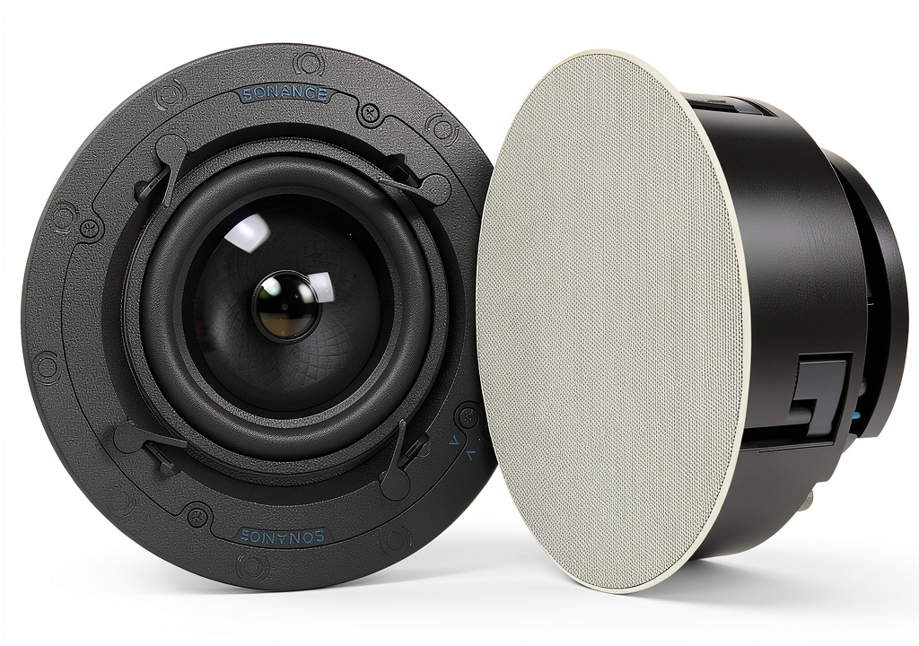 'Sonance VX64R in-ceiling speaker installed in a modern living room ceiling'