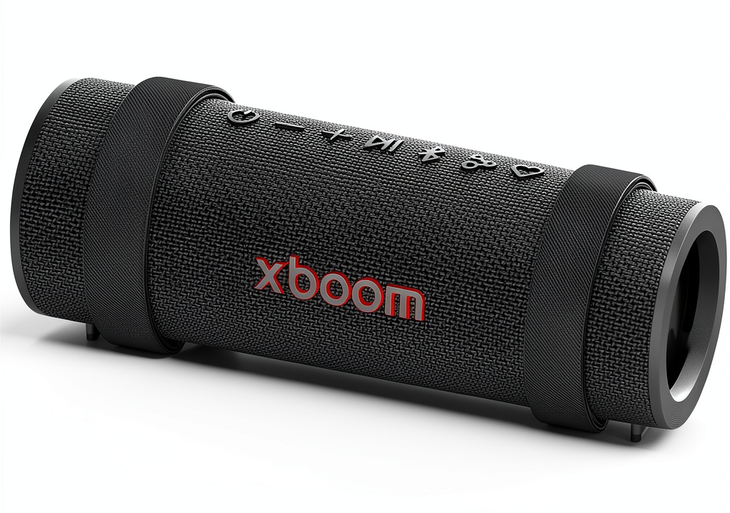 LG Xboom Portable Speaker Bold Sound Tuned by william on a wooden desk