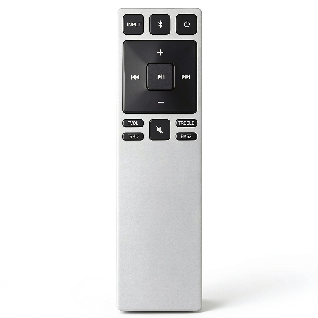 XRS321 remote control placed next to a Vizio SoundBar